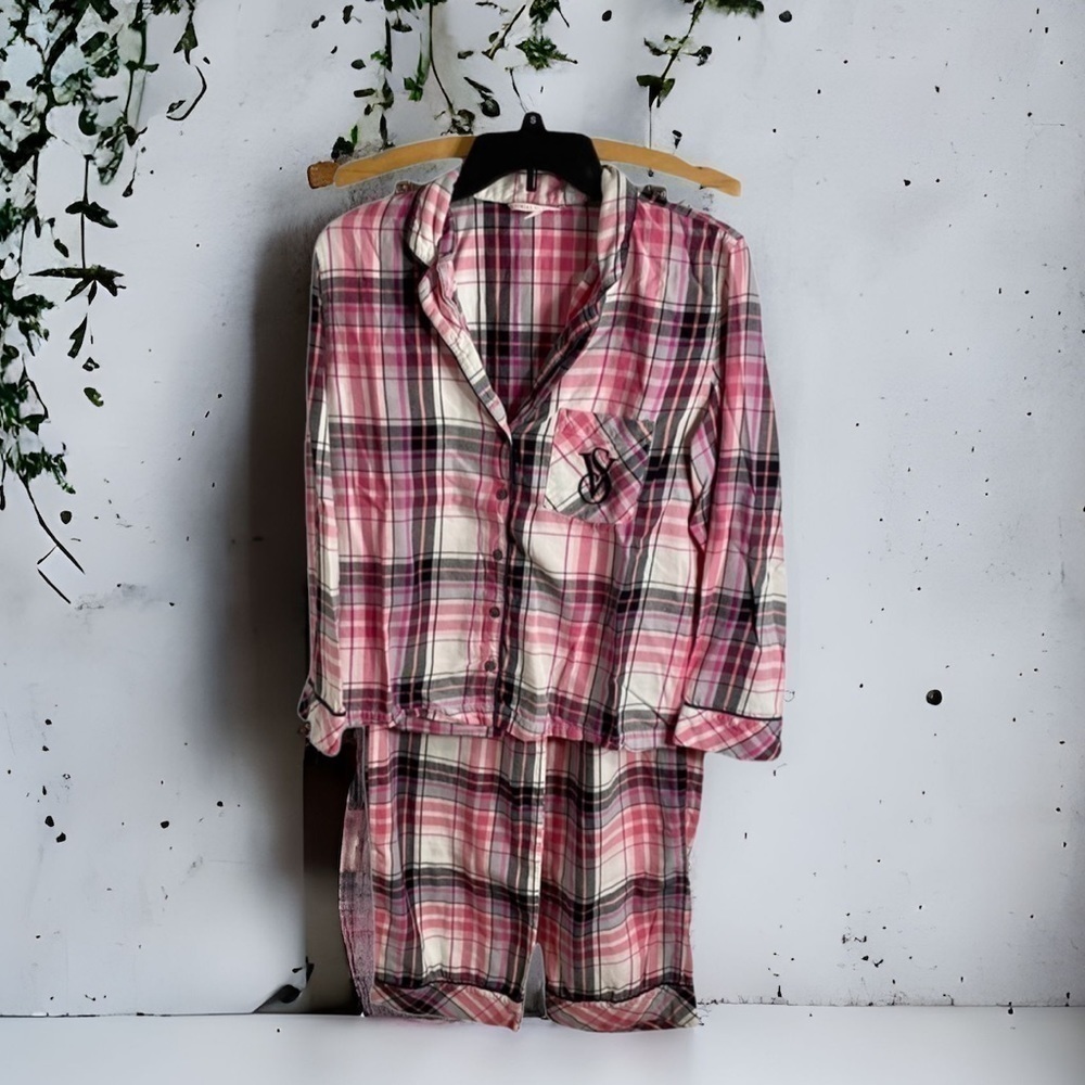 Victoria’s Secret Pink Plaid Pajama Set XS Monogram Breast Pocket Women’s
